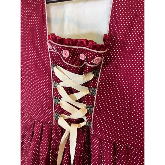 Dirndl Dress XXL Burgundy Polka Dot Oktoberfest Lace Up Bavarian Milkmaid - Picture 5 of 14